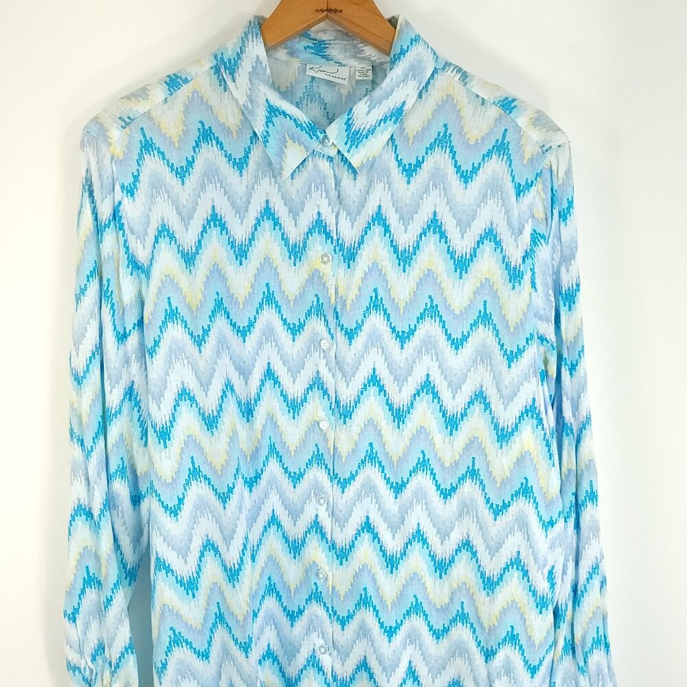 Kim Rogers Top Women's XL Blue White Chevron Print Linen Long Sleeve